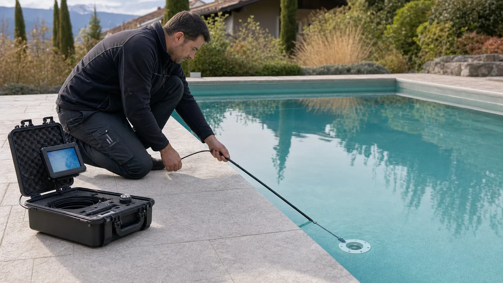 Pooltechniker untersucht vom trockenen Beckenrand mit einer Unterwassersonde ein rundes Einbauteil am Poolboden