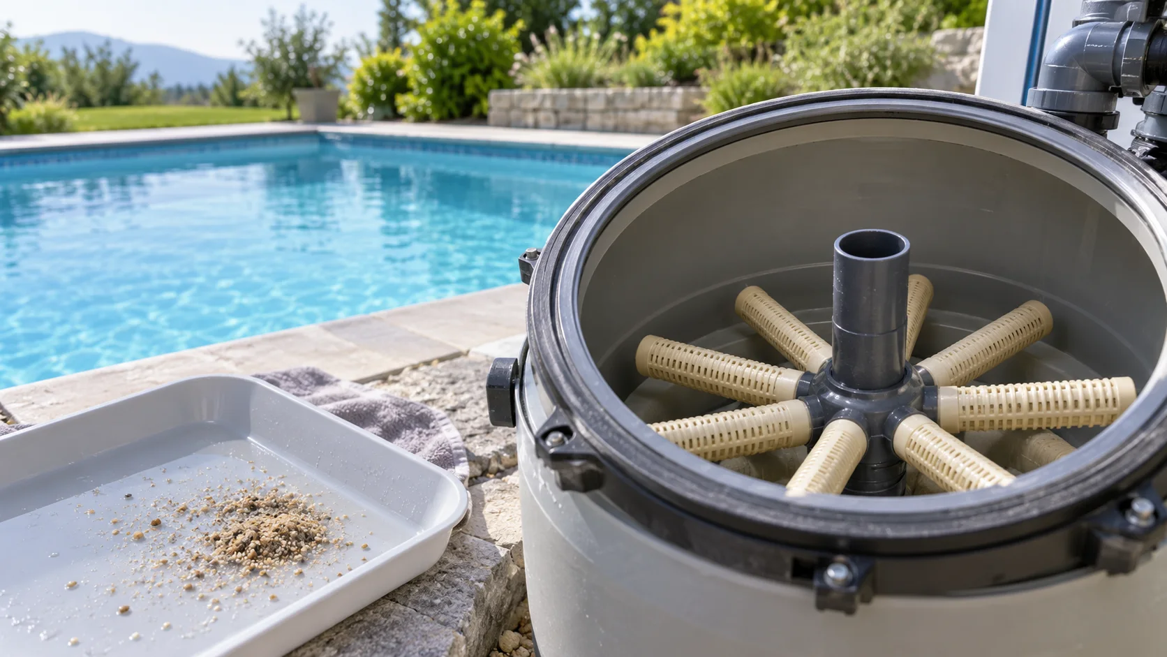 Geöffneter Sandfilter mit sichtbaren Filterfingern neben einer Schale mit wenigen nassen Sandkörnern am Poolrand