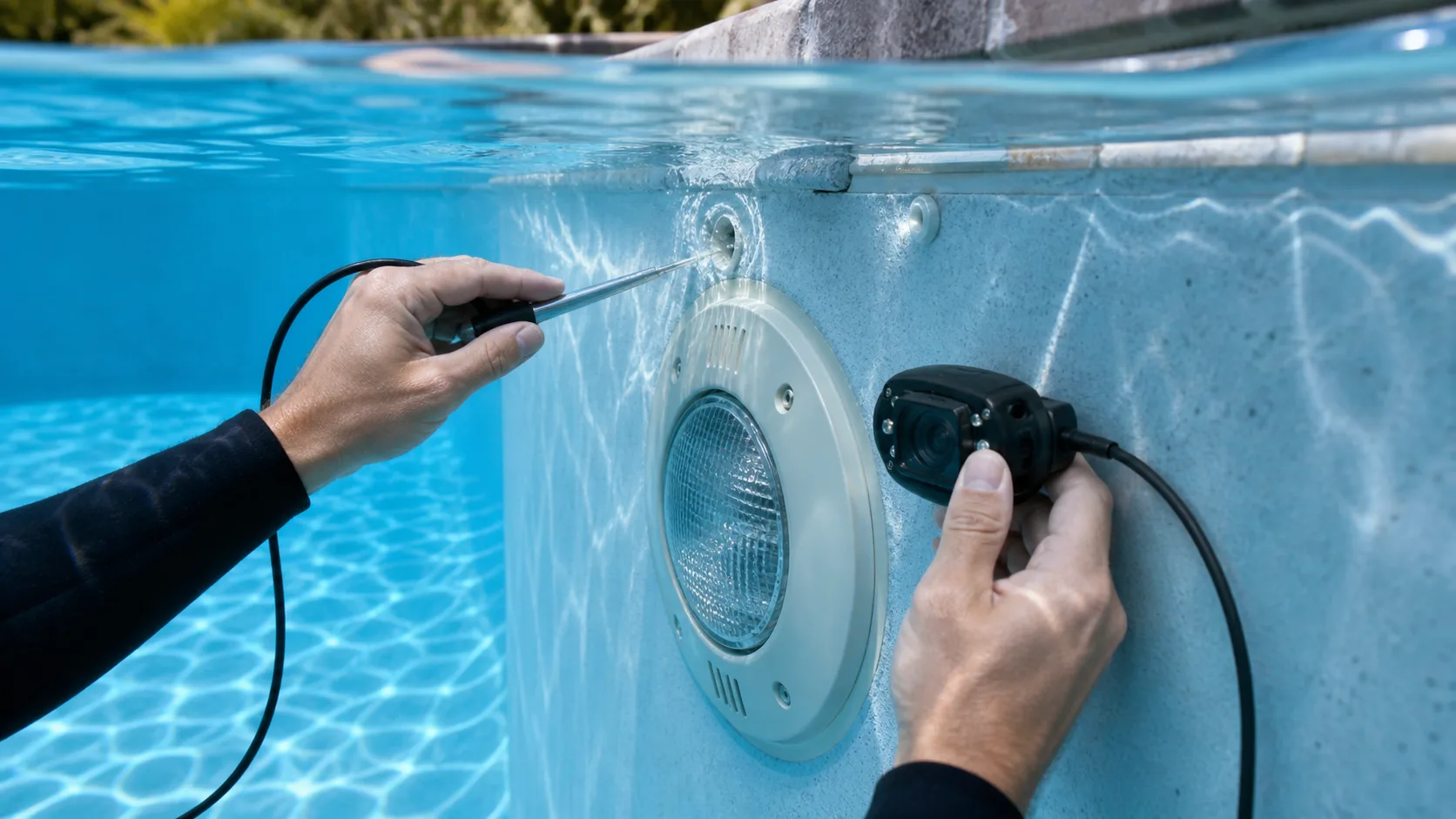 Fachkraft untersucht eine Unterwasser-Poolleuchte und deren Nischenrand mit einer feinen Prüfsonde