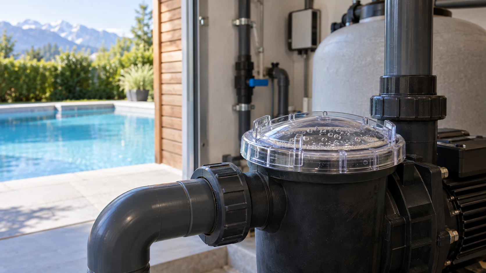 Transparenter Vorfilterdeckel einer Poolpumpe mit kleinen Luftblasen in einem sauberen Technikraum