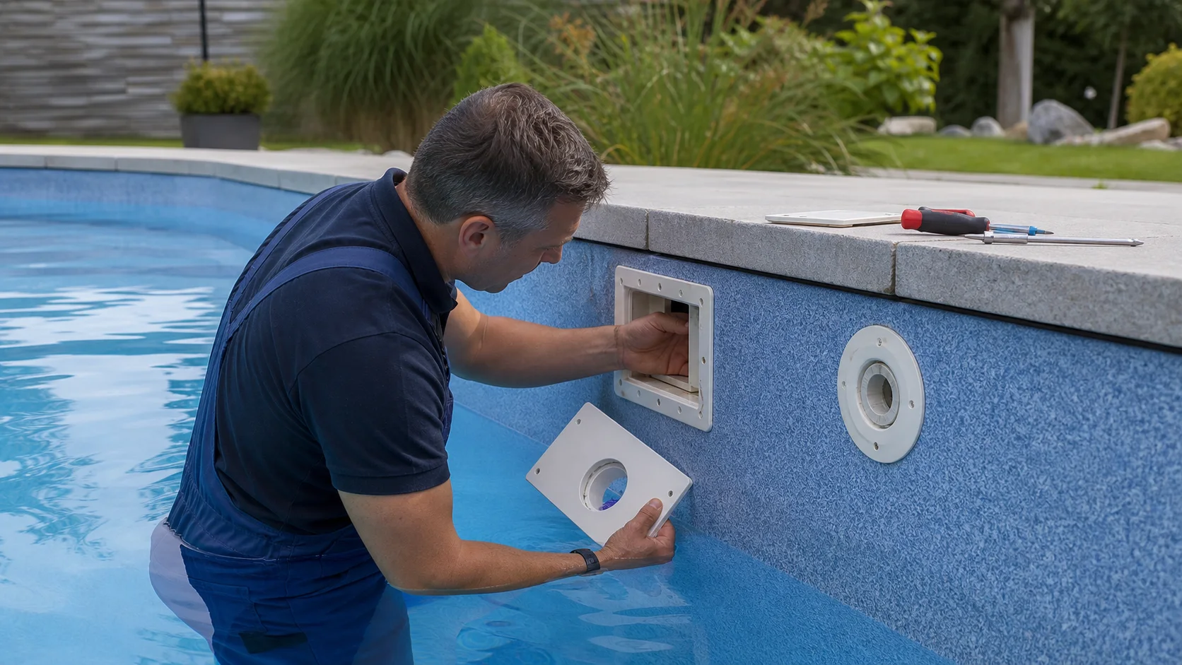 Poolservicetechniker prüft an einem privaten Folienpool den Bereich um Skimmer und Einlaufdüse mit geöffneter Blende und Werkzeugtasche am Beckenrand, realistische Reparaturszene ohne Logos oder Text